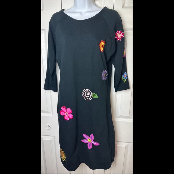 MICHAEL SIMON Lite Floral Embroidered Midi Dress Black Scoop Neck Pullover Pink - Picture 10 of 10